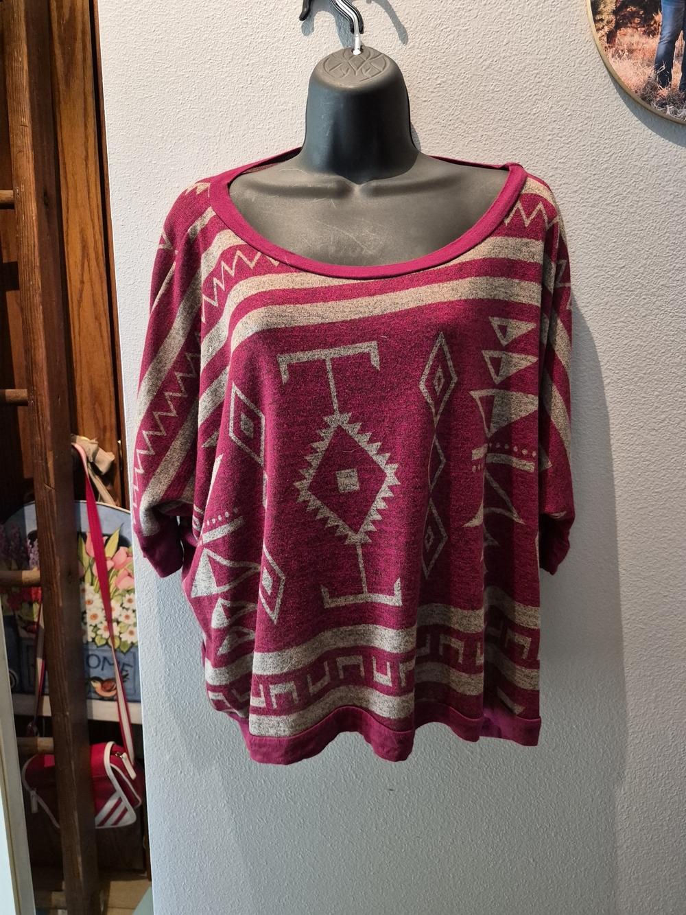 Aztec-Print Dolman Sleeve Women's Top in Berry